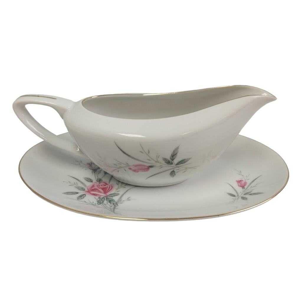 Vintage Golden Rose Flower Gold Rim Gravy Boat Fine China Japan w Saucer Plate